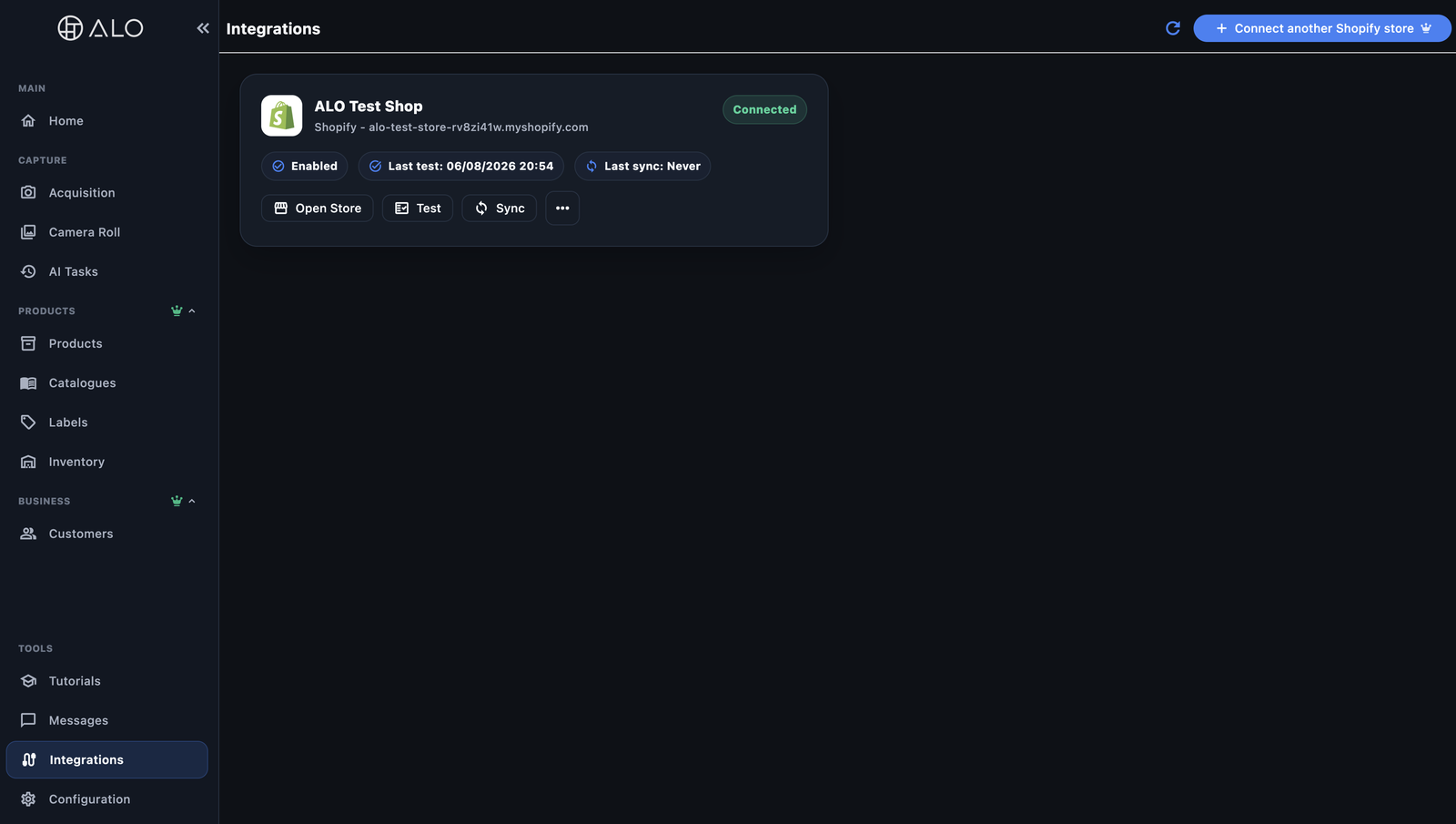ALO Cloud Integrations view, showing a connected Shopify store
