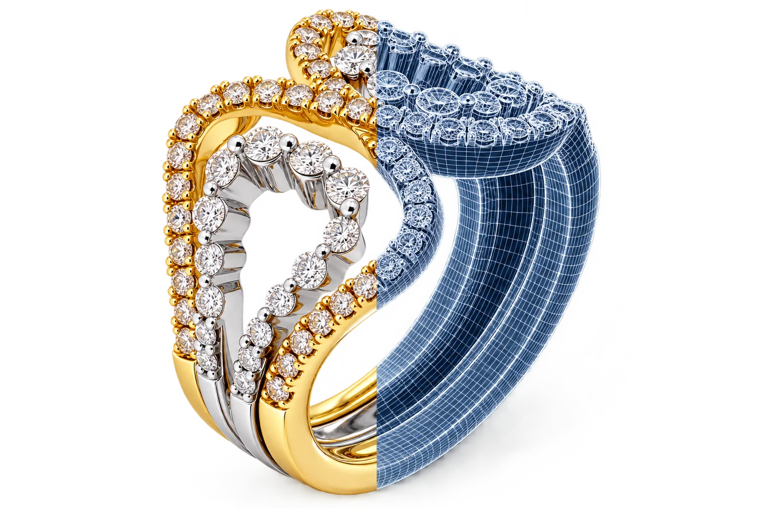 Jewelry ring rendered half as a photograph, half as a wireframe model, representing Product Intelligence